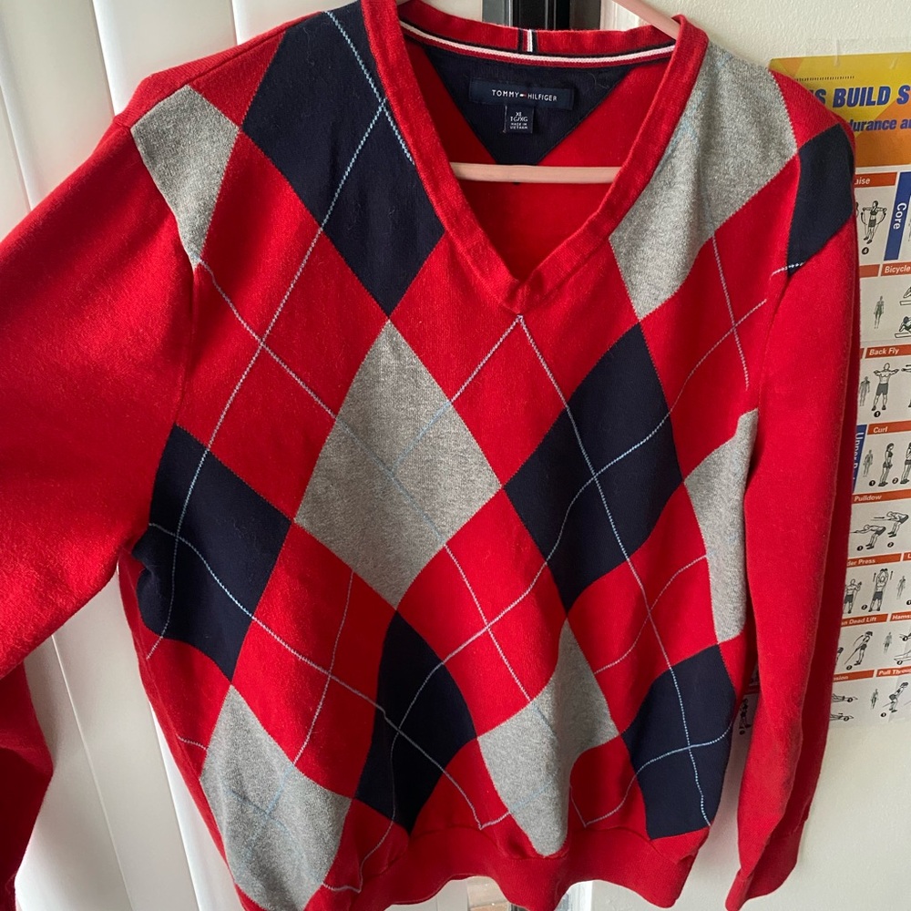 Tommy Hilfiger Red Navy V-Neck Sweater